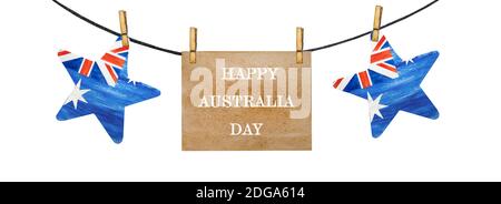 Schöne Girlande mit kleinen australischen Flaggen. Nahaufnahme, keine Personen, strukturierte Oberfläche. Herzlichen Glückwunsch an Familie, Verwandte, Freunde und Kollegen Stockfoto