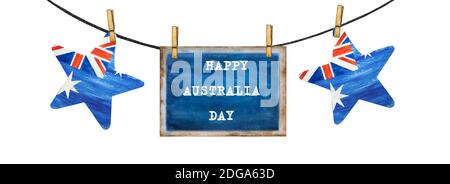 Schöne Girlande mit kleinen australischen Flaggen. Nahaufnahme, keine Personen, strukturierte Oberfläche. Herzlichen Glückwunsch an Familie, Verwandte, Freunde und Kollegen Stockfoto