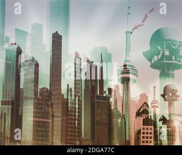 Abstraktes Bild eines virtuellen Stadtlandschaft Stockfoto