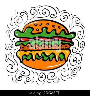 Handgezeichnetes Burger-Symbol mit Dekoration. Vektorgrafik. Stock Vektor