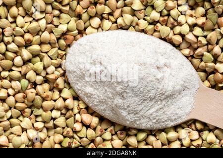Löffel Buchweizenmehl auf rohen grünen Buchweizen. Draufsicht. Stockfoto