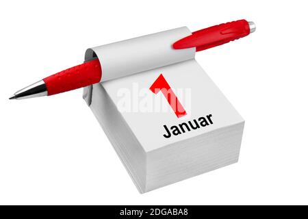 Kalender Deutsch 1. Januar isoliert vor weißem Hintergrund Stockfoto