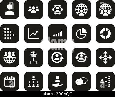 Welt Bevölkerung Icons Weiß Auf Schwarz Flat Design Set Groß Stock Vektor