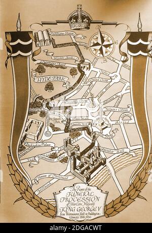 Eine grafische Karte / Plan der Trauerprozession Route von König George V am 28. Januar 1936 in St. George's Chapel, Windsor Castle nach dem liegend-in-State in London. Der König starb angeblich im Alter von 82 Jahren an einer Lungenkrankheit, die dem starken Rauchen zugeschrieben wird. Stockfoto