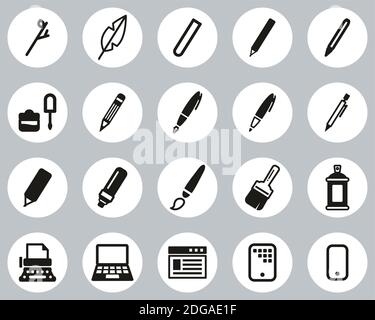 Schreibwerkzeuge Icons Schwarz & Weiß Flat Design Kreis Set Groß Stock Vektor