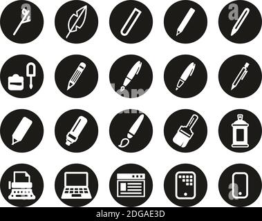 Schreibwerkzeuge Icons Weiß Auf Schwarz Flat Design Kreis Set Groß Stock Vektor