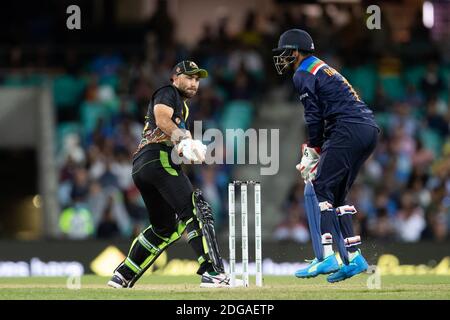 Sydney, Australien. Dezember 2020. Glenn Maxwell aus Australien spielt einen Schuss während des 3. Dettol ODI T20I Series Spiels zwischen Australien und Indien am Sydney Cricket Ground, Sydney, Australien am 8. Dezember 2020. Foto von Peter Dovgan. Nur redaktionelle Verwendung, Lizenz für kommerzielle Nutzung erforderlich. Keine Verwendung bei Wetten, Spielen oder Veröffentlichungen einzelner Vereine/Vereine/Spieler. Kredit: UK Sports Pics Ltd/Alamy Live Nachrichten Stockfoto