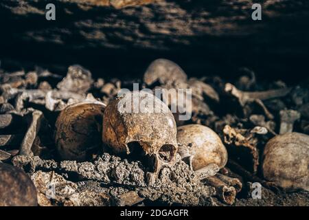 Ein Haufen verwitterter, alter Haufen menschlicher Knochen Und Schädelstücke auf einem Boden Stockfoto