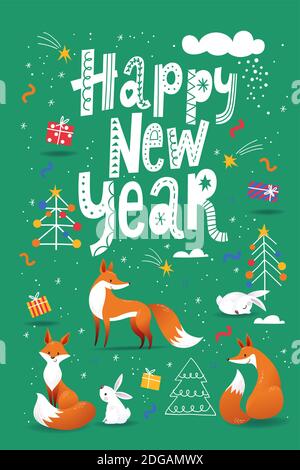 Frohes neues Jahr Poster im nordischen skandinavischen handgezeichneten Stil Mit niedlichen Füchsen Stock Vektor