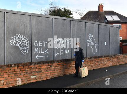 Anti-Impf-Propaganda Graffiti wurde an die Wände gesprüht, um eine stillgelegte Kneipe in Madeley, Telford, Shropshire. Anti-Impfstoff-Kredit: David Bagnall Stockfoto