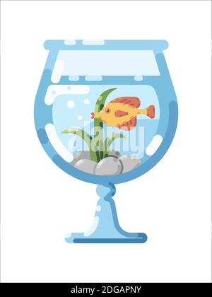 Flache Vektordarstellung eines Glasaquariums mit tropischen Fischen. Symbol für flache Fischbehälter. Thorichthys Fische im Aquarium mit grüner Wasserpflanze und grauen Steinen. Stock Vektor