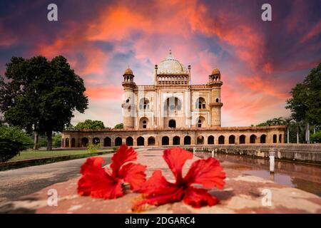 (Selektiver Fokus) atemberaubende Sicht auf das Humayun-Grab im Hintergrund und einige verschwommene Hibiskusblüten im Vordergrund. Stockfoto