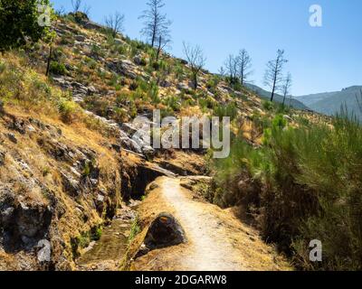 PR10 sei Wanderweg neben einem Wasserkanal, der den Pinienwald unten und den felsigen Berg oben in Serra da Estrela, Portugal, trennt Stockfoto