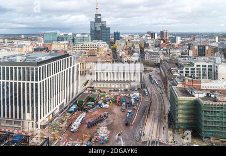 Eine Luftaufnahme des Stadtzentrums von Birmingham mit Blick auf die Baustelle am Paradise Development, auch sichtbar ist das Rathaus. Stockfoto