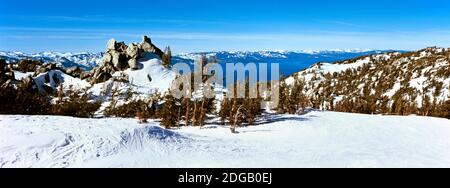 Bäume auf einer schneebedeckten Landschaft, Heavenly Mountain Resort, Lake Tahoe, Grenze zwischen Kalifornien und Nevada, USA Stockfoto