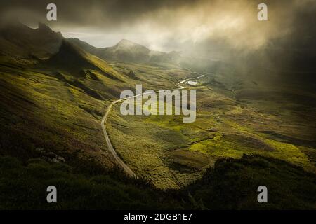 Sunrse auf dem Quiraing auf dem Trotternish Ridge auf der Isle of Skye, Schottland, Großbritannien Stockfoto