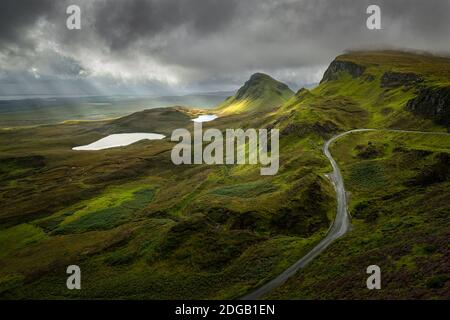 Sunrse auf dem Quiraing auf dem Trotternish Ridge auf der Isle of Skye, Schottland, Großbritannien Stockfoto