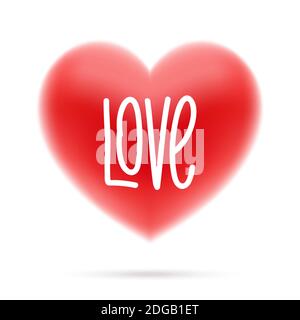 Rotes Herz Vektor-Symbol, mit LIEBE Text, isoliert auf dem weißen Hintergrund. Schlichtes, klassisches Herz-Symbol für romantische Design-Dekoration. Verschwommene Herzform, schwebend in der Luft, mit dem Schatten. Stock Vektor