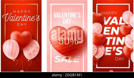 Happy Valentine's Day Social Media vertikale Banner-Set. Urlaubsbroschüre Design, Grußkarten, Liebe kreative Konzept, Geschenk-Gutschein, Einladung. Vec Stock Vektor