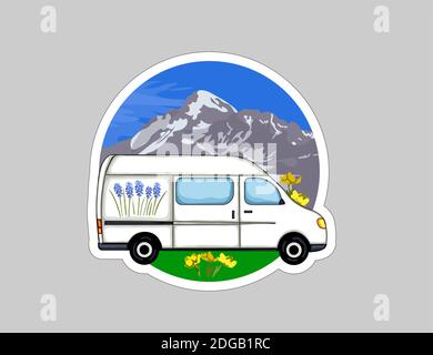 Aufkleber Van Life. Weißer Van mit Bergen im Hintergrund. Leben im Kleinbus, Camping in der Natur, Reisen. Abbildung. Stock Vektor