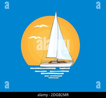 Weißes Segelboot mit rotem Streifen auf der Seite auf Wasseroberfläche gesetzt. Orangefarbene Sonne und fliegende Vögel im Hintergrund. Abbildung. Stock Vektor