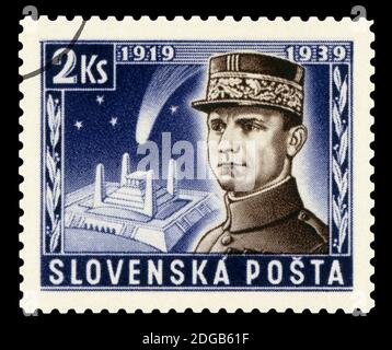 SLOWAKEI - UM 1939 : abgesagte Briefmarke gedruckt von der Slowakei, zeigt das Porträt von General Milan Rastislav Stefanik, um 1939. Stockfoto