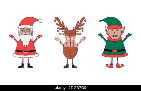 Set von Weihnachtsfiguren, Weihnachtsmann, Elf und Hirsch auf weißem Hintergrund. Stock Vektor