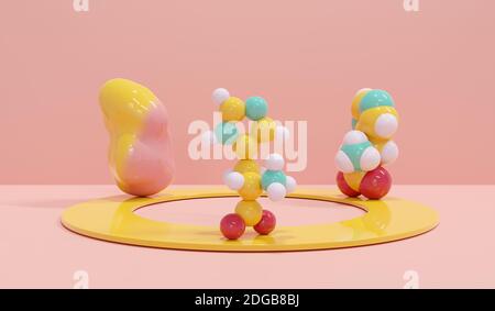 Histidin (l-Histidin, HIS, H) Aminosäuremolekül. 3D-Rendering. Stillleben bestehend aus einer gradientenfarbenen Lösungsmitteloberfläche (links), einer Raumfüllung Stockfoto