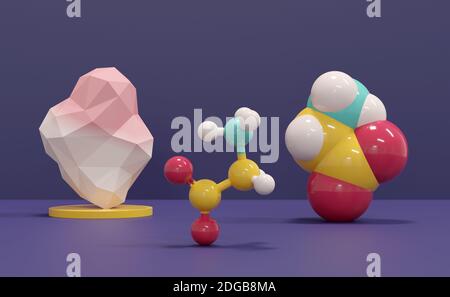 Glycin (Gly, G) Aminosäuremolekül. 3D-Rendering. Standzeit bestehend aus einer gradientenfarbenen Lösungsmitteloberfläche (oben links), einem Raumfüllmodell (r Stockfoto