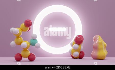 Glutaminsäure (l-Glutaminsäure, Glut, E) Aminosäure und Neurotransmitter Molekül. 3D-Rendering. Stillleben bestehend aus einem gradientenfarbenen Lösungsmittel Stockfoto