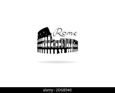 Rom Reise landark Coliseum. Italienische berühmte Place Coliseum Silhouette Ikone mit handgeschriebenen Schriftzug Rom. Stock Vektor