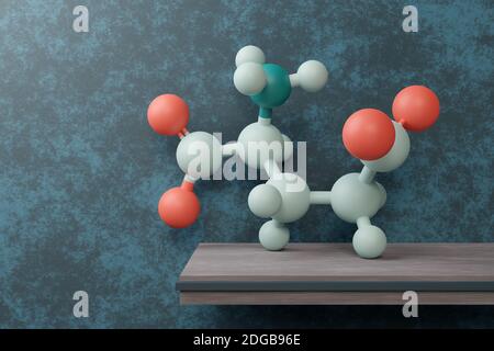 Glutaminsäure (l-Glutaminsäure, Glut, E) Aminosäure und Neurotransmitter Molekül. 3D-Rendering. Atome werden als farbcodierte Kugeln dargestellt (Sauerstoff r Stockfoto