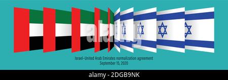 Flagge der Vereinigten Arabischen Emirate und Israels. Israel Vereinigte Arabische Emirate Normalisierungsabkommen. Ein Friedensabkommen zwischen Israel und den Vereinigten Arabischen Emiraten. 3d-Flip-Effekt. Vektorgrafik Stock Vektor