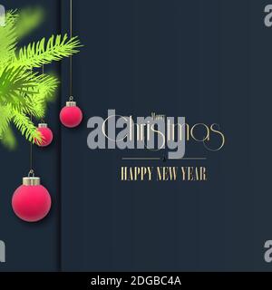 Weihnachten Luxus-Symbole auf blau-schwarzem Hintergrund. Rot rosa Kugeln Kugeln Kugeln, realistische Weihnachten Tannenzweige, Text mit weihnachtlichen Weisen über blau schwarz. 3D Stockfoto
