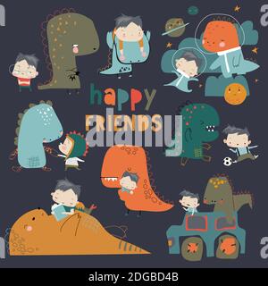 Cartoon-Set mit lustigen Dinosaurier und Junge Stock Vektor