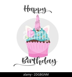 Niedliche Einhorn Cupcake Grußkarte mit Happy Birthday Text. Vektorgrafik. Stock Vektor