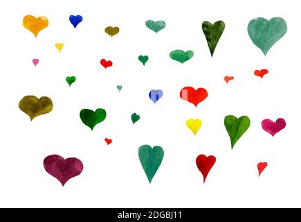 Herzen von verschiedenen Farben und Größen von Aquarell Stockfoto