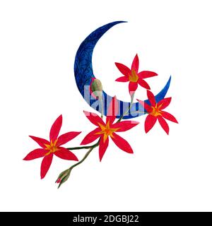 Halbmond mit Blumenarrangement. Aquarell-Illustration mit rosa Blüten Stockfoto