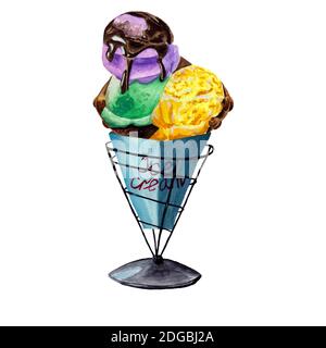 Drei Eisbällchen mit Waffel in einem Papierbeutel In Aquarell Stockfoto