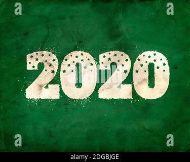 Vintage Grußkarte mit 2020 auf Tafel für Weihnachten und Neujahr. Zurück zur Schule 2020. Stockfoto