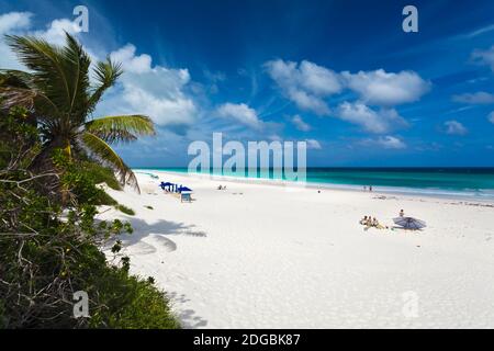 Blick auf Touristen auf Pink Sands Beach, Dunmore Town, Harbour Island, Eleuthera Island, Bahamas Stockfoto