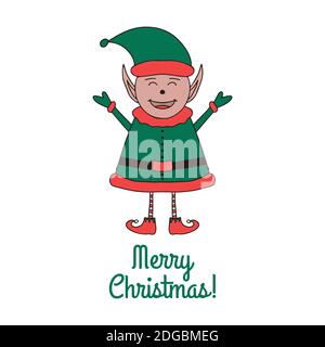 Weihnachtskarte mit niedlichen Elfen auf weißem Hintergrund. Stock Vektor