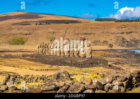 Der berühmte Moai von Ahu Tongariki auf der Osterinsel Stockfoto