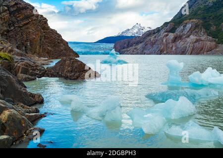 Blick auf den kleinen Eisberg, der vom Gray Glacier abbricht und schwimmt In Grey Lake Stockfoto