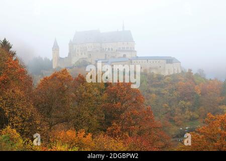 Schloss Vianden (11.-14. Jahrhundert) in Vianden, Luxemburg an einem nebligen Herbsttag Stockfoto