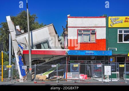 Geschäfte beschädigt vom 22. Februar 2011 Erdbeben, Linwood, Christchurch, Region Canterbury, Südinsel, Neuseeland Stockfoto
