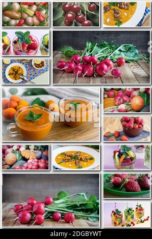 Collage aus Obst und Gemüse, gesunde Ernährung. Stockfoto