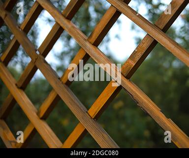 Dunkelbrauner Holzgrill mit schräg diamantförmigen Löchern, natürlicher Textur Muster Stockfoto