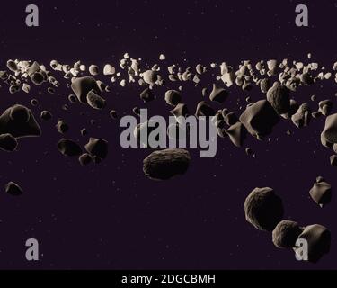 Viele Asteroiden oder Meteoriten im Raum, 3d-Render Stockfoto