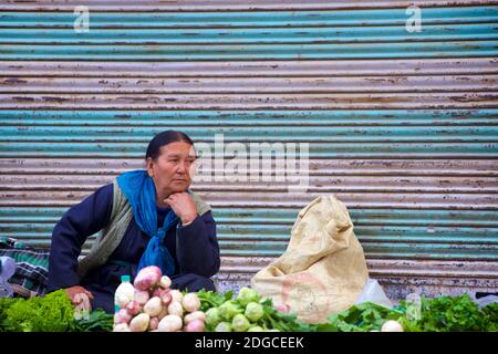 Leh, Ladakh, Jammu und Kaschmir, IndienPorträt einer freundlichen ladakhi Frau in lokaler Kleidung Verkauf von Gemüse auf dem Markt, Leh, Jammu und Kaschmir, Indien Stockfoto